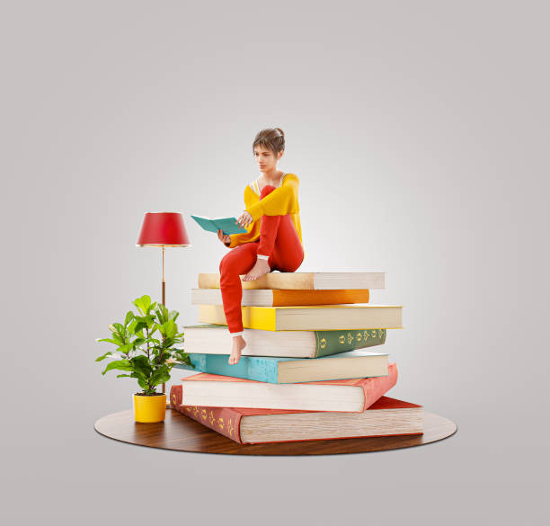 istock Young pretty female reads sitting on a stack of books. 1230954368