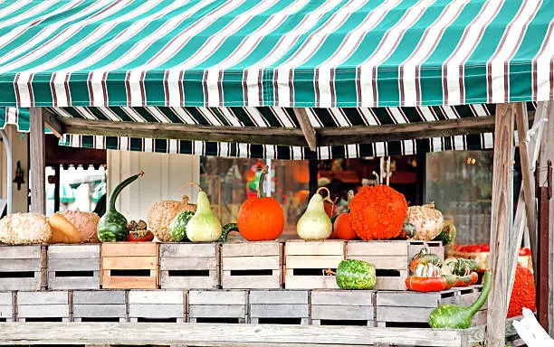 Fall fruit and vegetable stand under green striped cloth awning. Horizontal.