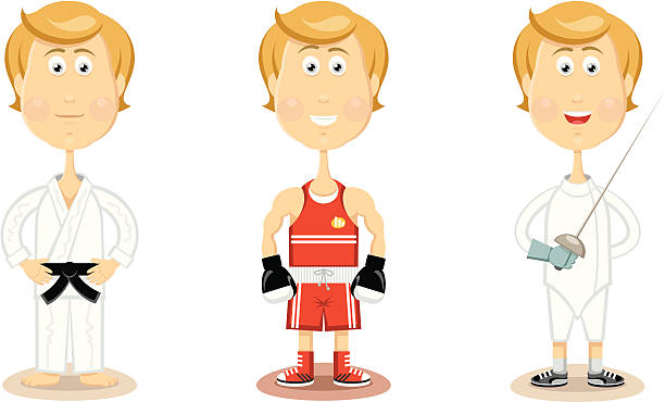Cute sportsmen Set #3: martial arts, boxing, fencing. japanese boy uniform cartoon stock illustrations