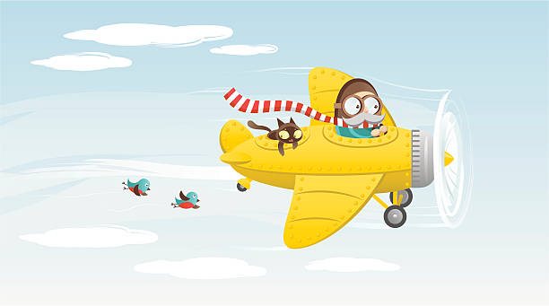 Yellow airplane Illustration of a vintage yellow airplane in the sky. pilot stock illustrations