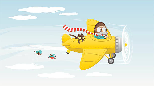 Yellow airplane Illustration of a vintage yellow airplane in the sky. cartoon of bird with glasses stock illustrations