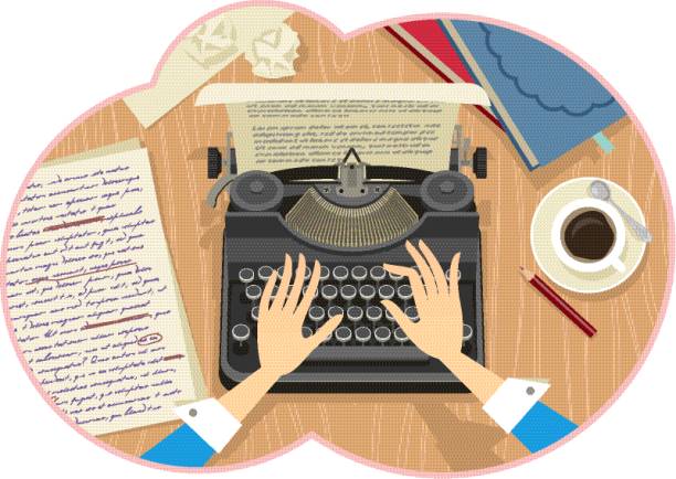 иллюстрация a woman's hands typing - typewriter retro revival old fashioned journalist stock illustrations