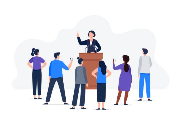 A woman speaker and a group of people listen to a speech. A speech from tribune with microphones. Female political character and electorate. Vector flat concept illustration. politician stock illustrations
