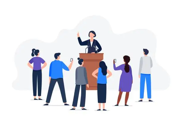 Vector illustration of A woman speaker and a group of people listen to a speech.