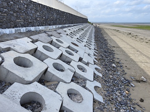Tidal erosion and flood protection barrier in Laytown beach, County Meath, Ireland.