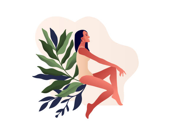 Beautiful woman in swimming suit. Body positive, illustration for lingerie design, Beautiful woman in swimming suit. Body positive, illustration for lingerie design, swimsuit shop, cosmetology, clinic. Urinary incontinence. Bladder problems. Menopause, women's health. summer beauty stock illustrations