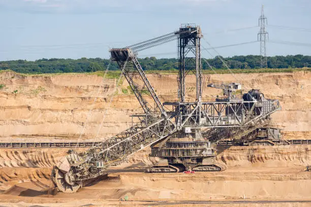 Brown coal open pit landscape with enormous digging excavator in Garzweiler mine Germany