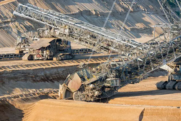 Brown coal open pit landscape with enormous digging excavator in Hambach mine Germany, This machine is the biggest vehicle in the world