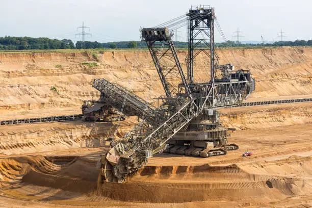 Brown coal open pit landscape with enormous digging excavator in Garzweiler mine Germany