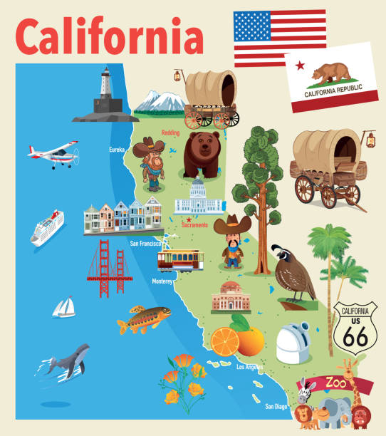 Cartoon map of California Vector Cartoon map of California http://legacy.lib.utexas.edu/maps/us_2001/california_ref_2001.jpg california illustrations stock illustrations
