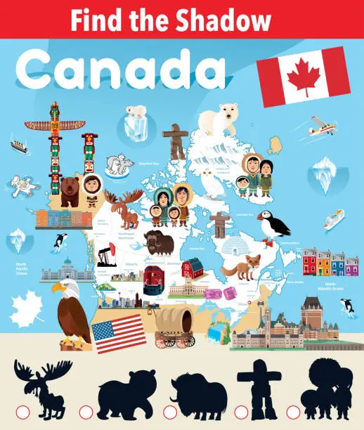 Vector illustration of Find the Shadow of Canada Symbols