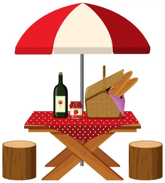 Vector illustration of Picnic table with food and wine on white background