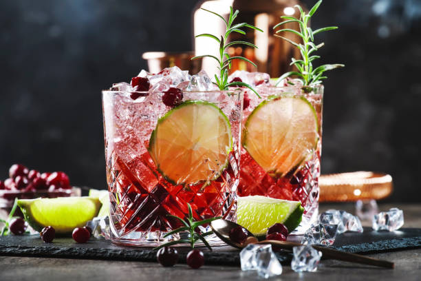 Red alcohol cocktail with cranberries, ice and rosemary on wooden background, copy space Red alcohol cocktail with cranberries, ice and rosemary on wooden background, copy space mint julep photos stock pictures, royalty-free photos & images