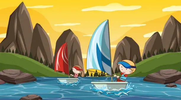 Vector illustration of Scene with people sailing in the park