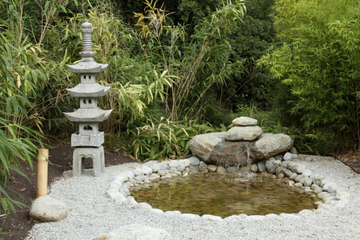 details of a japanese garden with pond and lantern