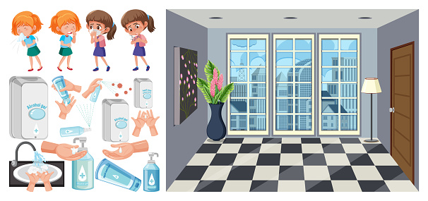 Set of sick children with hand claning steps and room background illustration