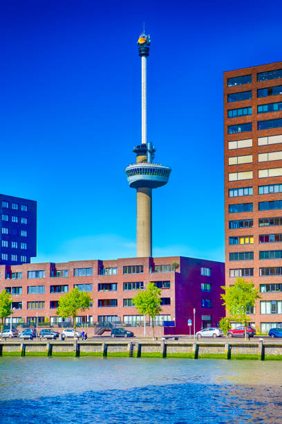 europe travelling ideas.the world famous euromast tower in rotterdam, the netherlands.vertical shot - niderlandy zdjęcia i obrazy z banku zdjęć