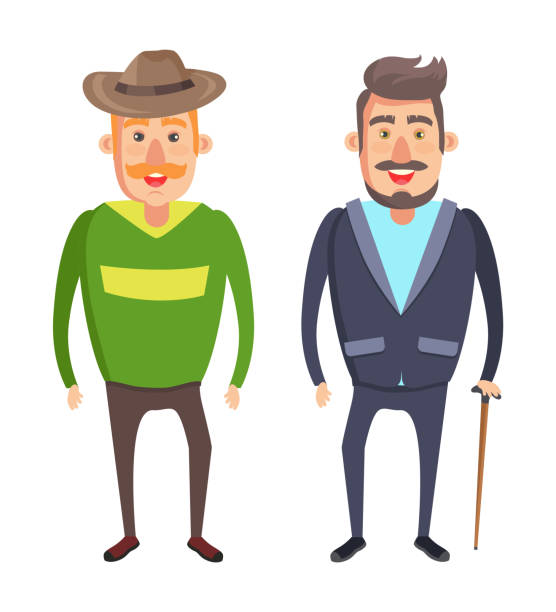 ilustrações de stock, clip art, desenhos animados e ícones de male characters smiling man in hat with mustaches - senior adult human face male action