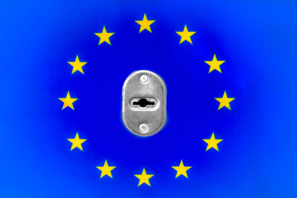 istock Metal door lock on EU flag background 1231313662