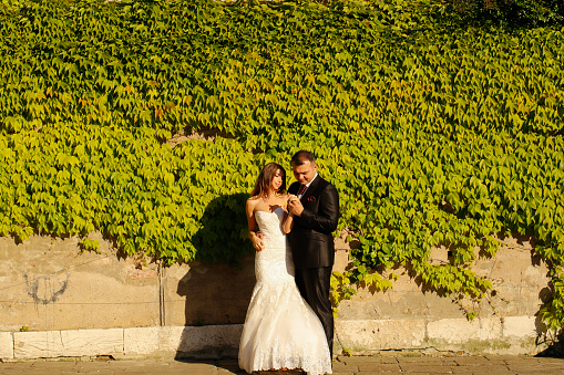 Groom and bride near wall covered in leafs