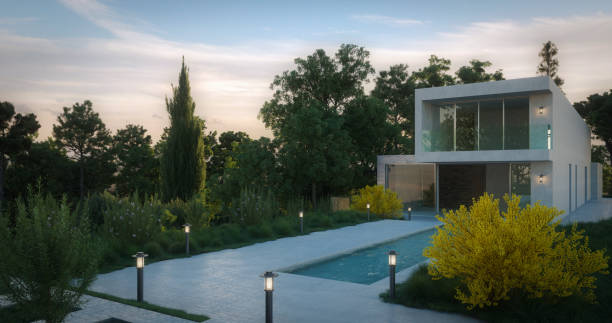 Modern Minimalist Villa (Evening) Digitally generated contemporary fashionable villa with a minimalist design at dusk.

The scene was rendered with photorealistic shaders and lighting in Corona Renderer 5 for Autodesk® 3ds Max 2020 with some post-production added. landscape lighting stock pictures, royalty-free photos & images