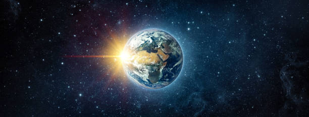 Panoramic view of the Earth, sun, star and galaxy. Sunrise over planet Earth, view from space. Concept on the theme of ecology, environment, Earth Day. Elements of this image furnished by NASA. vista panorámica de la tierra, el sol, las estrellas y la galaxia. amanecer sobre el planeta tierra, ver desde el espacio. concepto sobre el tema de la ecología, el medio ambiente, el día de la tierra. os de esta imagen proporcionada por la nasa.