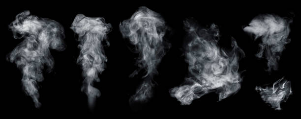 Fog or smoke set isolated on black background.