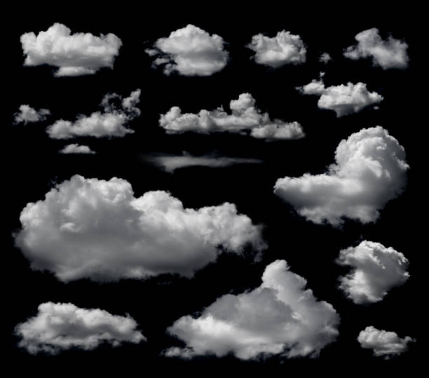 Clouds set isolated on black background. White cloudiness, mist or smog background.