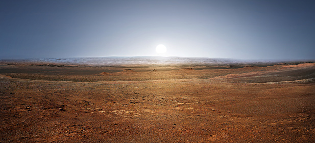 Sunset on planet Mars. Scenic desert scene on the red planet Mars.  Elements of this image furnished by NASA.