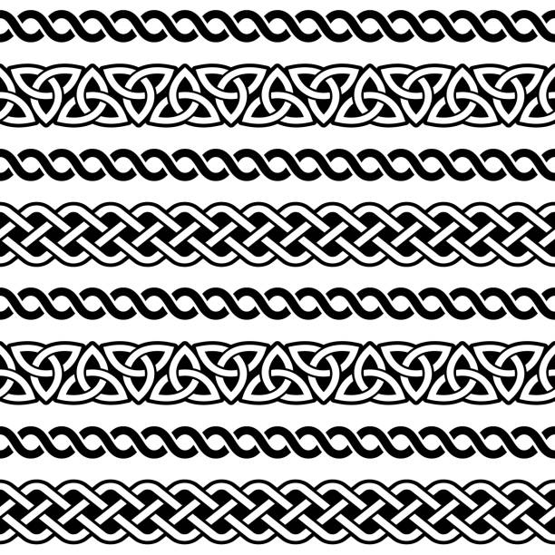 Irish Celtic seamless vector pattern, braided frame designs for greeting cards, St Patrick's Day celebration Retro Celtic collection of braided ornaments in black and white, traditional ornaments from Ireland welsh culture stock illustrations