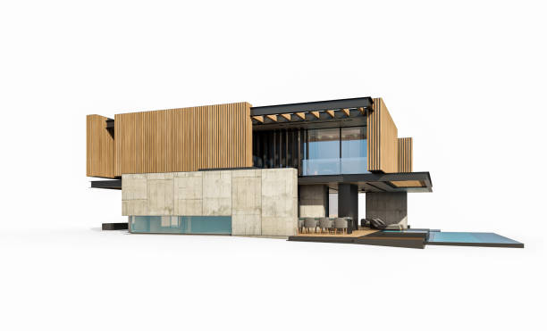 istock 3d rendering of modern house with wood plank facade isolated on white 1231486015