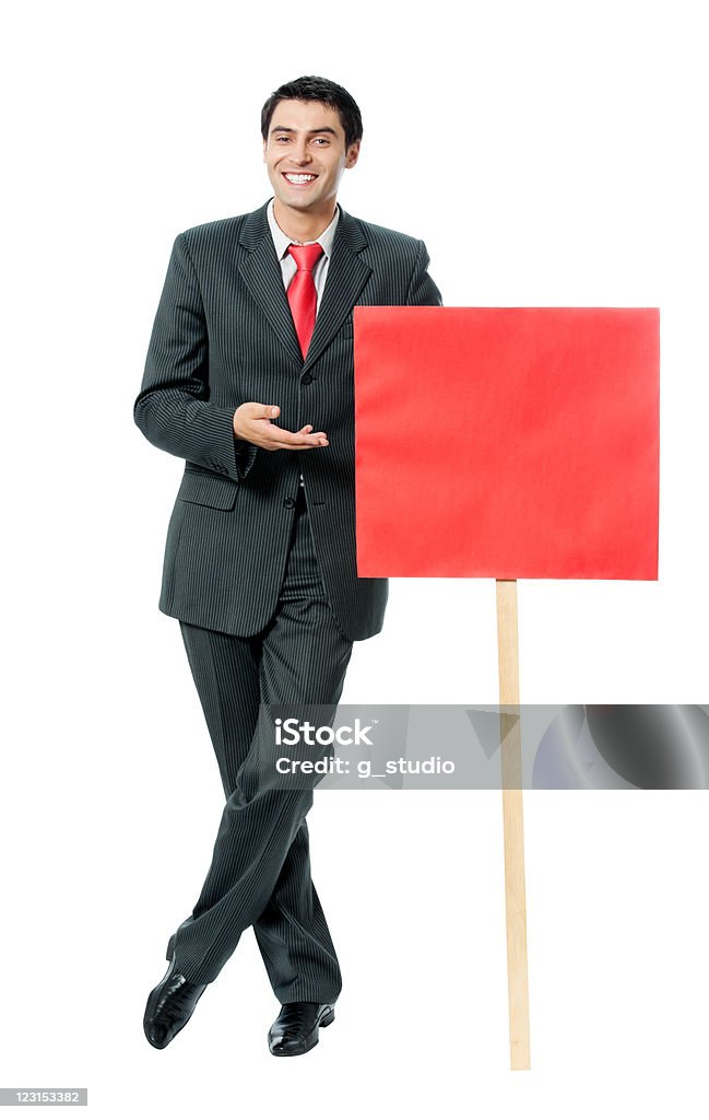 Hombre de negocios mostrando, aislado rojo signboard - Foto de stock de Adulto libre de derechos