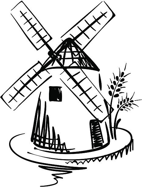 grafik illustration-windmühle - altes backhaus dorf stock-grafiken, -clipart, -cartoons und -symbole