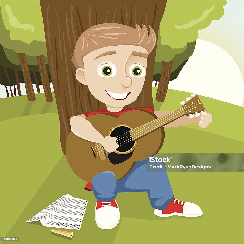 Niño con guitarra en Park - arte vectorial de Guitarra libre de derechos