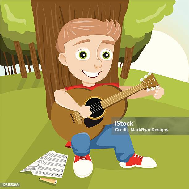 Ilustración de Niño Con Guitarra En Park y más Vectores Libres de Derechos de Guitarra - Guitarra, Practicar, Actuación - Espectáculo