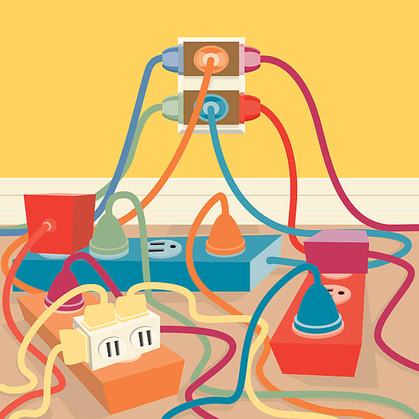 ilustraciones, imágenes clip art, dibujos animados e iconos de stock de toma eléctrica - chaos cable messy electricity