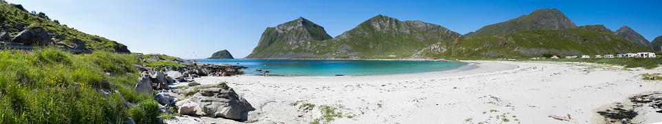 Panoramic view of the beautiful Haukland beach in a sunny summer day.