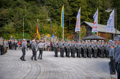 Tallinn, Estonia - June 15 2019: Soldiers at the entrance of the Estonia Theatre for an official visit of the Estonian President and the Danish Queen for the celebration of the 800 years since Dannebrog.