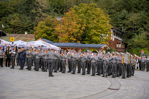 German soldiers are holding a memorial ceremony at Square of Lake Koenigssee pier and Leopold Von Bayern, Bavaria, Germany.