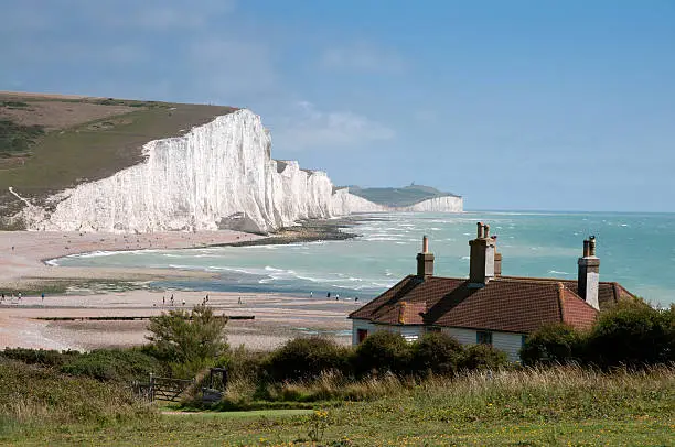 The Seven Sisters white cliffs with coast guard cottages
