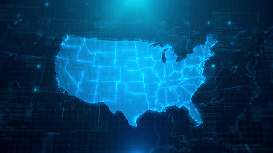 Map of USA with states on blue digital background\nAll source data is in the public domain: \nhttps://www.naturalearthdata.com/downloads/10m-cultural-vectors/