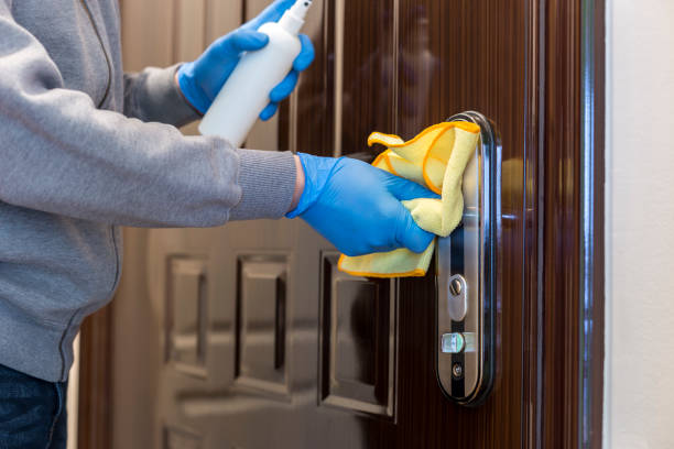 istock Door knob being disinfected by a spray disinfectant 1231666920