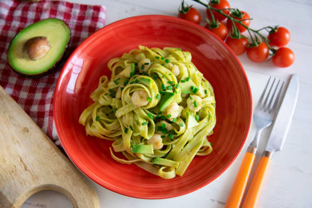 istock Pasta with avocado cream and shrimps 1231671006