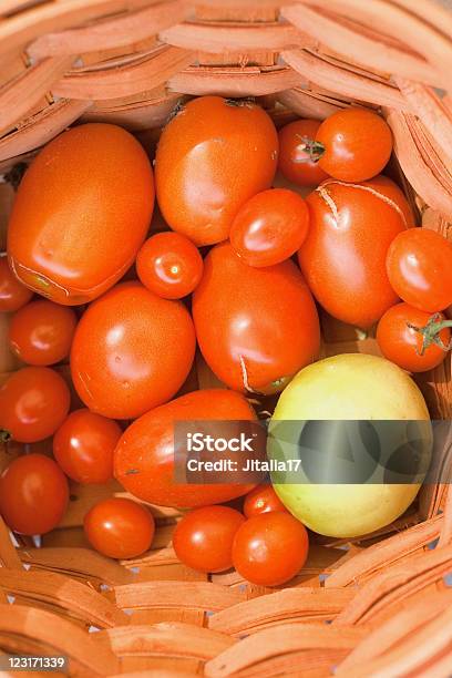 Plum And Heirloom Tomato Basket Stock Photo - Download Image Now - Aerial View, Basket, Cherry Tomato