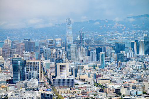 Aerial view of San Francisco cityscape from the hill, California.