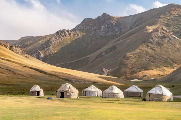 The view of yurts nomad village in Tash-Rabat in Kyrgyzstan