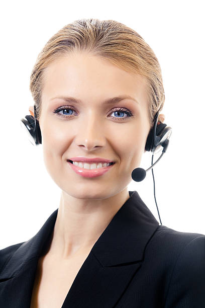 Support phone operator in headset, isolated stock photo