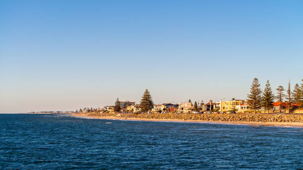 Coastline of Adelaide viewed from Brighton jetty at sunset, South Australia