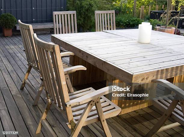 Outdoor Dining Table Stock Photo - Download Image Now - Larch Tree, Patio, Table