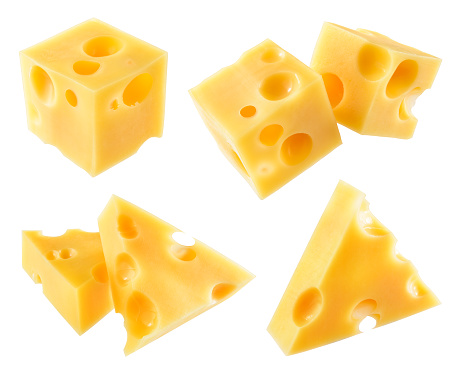 Cheese isolated. Cheese piece, cube, triangle on white background. Cheese collection. Clipping path.